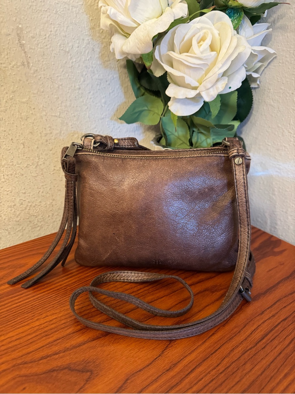 Frye Dark Brown Leather Crossbody with Tassel Zipper Pull